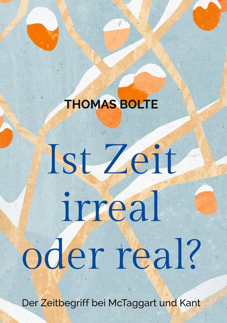 "THOMAS BOLTE. Ist Zeit irreal oder real? Der Zeitbegriff bei McTaggart und Kant." Hintergrund: abstrakte, verzweigte Muster mit orange-weißen Elementen.