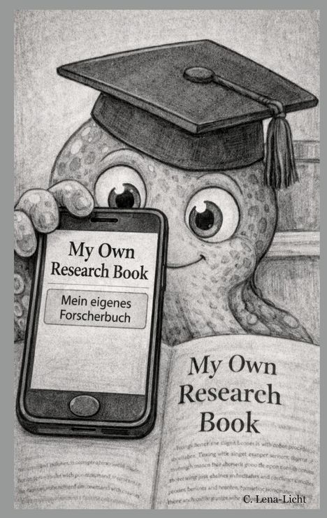 „My Own Research Book“, „Mein eigenes Forscherbuch“ auf einem Handy. Ein lächelnder Oktopus mit Doktorhut hält es.