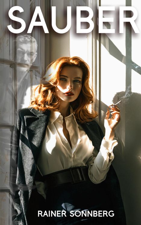 "SAUBER" und "RAINER SONNBERG". Frau in elegantem Outfit raucht, steht vor einem Fenster, Licht-Schatten-Spiel.