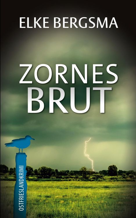 „ELKE BERGSMA“, „ZORNES BRUT“, „OSTFRIESLANDKRIMI“. Blitze über grünem Feld, dunkler Himmel. blaues Möwen-Logo.