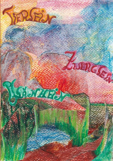 Text: „Tiersein“, „Zwergen“, „Jämerlich“. Illustration: Bunte, abstrakte Formen in lebhaften Farben.
