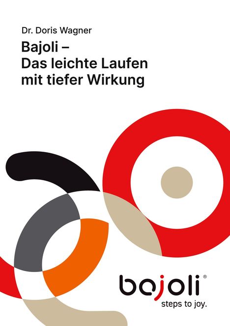 Text: Dr. Doris Wagner. Bajoli – Das leichte Laufen mit tiefer Wirkung. Logo „bajoli“, steps to joy. Kreise in Rot, Schwarz, Grau.