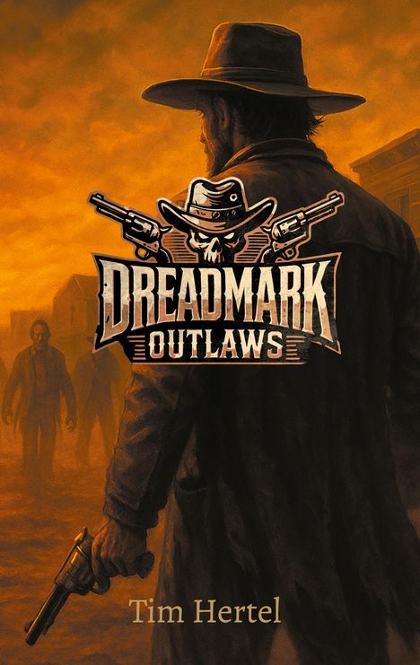 "DREADMARK OUTLAWS", Logo mit Totenkopf und Revolvern, ein Cowboy in staubiger Umgebung, Schrift "Tim Hertel" unten.
