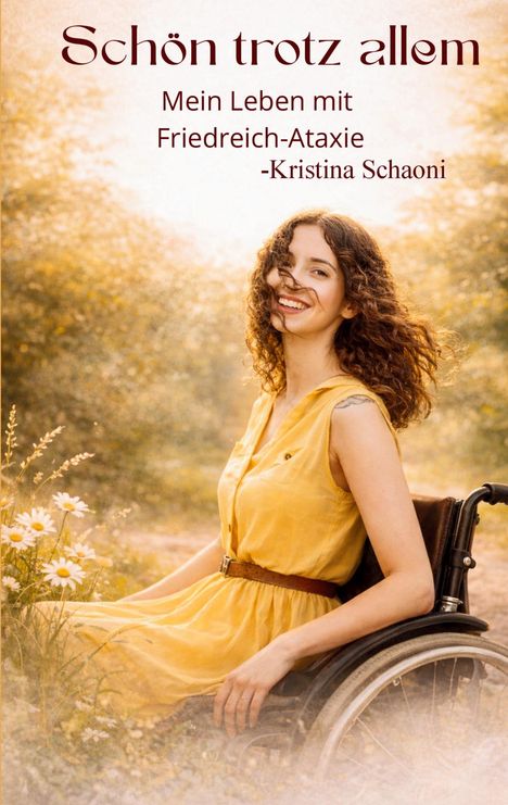 "Schön trotz allem. Mein Leben mit Friedreich-Ataxie - Kristina Schaoni." Frau im Rollstuhl in gelbem Kleid, lächelnd.