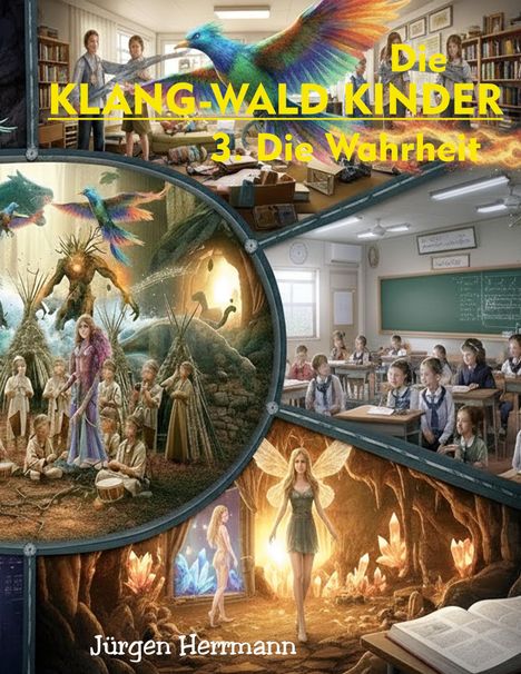 "Die KLANG-WALD KINDER 3. Die Wahrheit" von Jürgen Herrmann. Illustration mit Fabelwesen und Schulklasse.