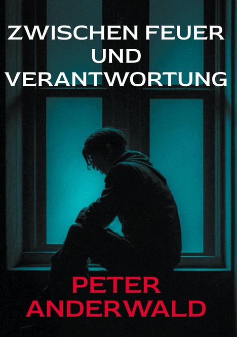 "Zwischen Feuer und Verantwortung" oben, "Peter Anderwald" unten. Silhouette eines nachdenklichen Menschen am Fenster.