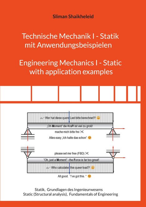 Titel: Technische Mechanik I - Statik. Illustration zeigt technische Skizzen mit Gesprächsblasen zu statischen Kräften.