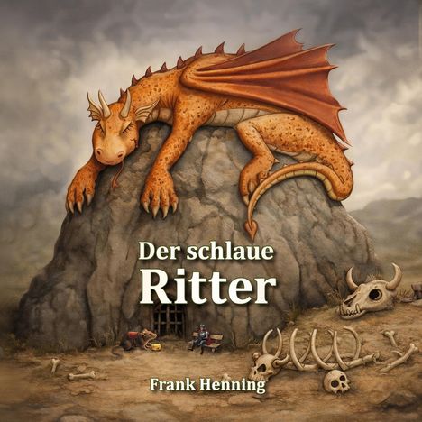 „Der schlaue Ritter“ von Frank Henning. Ein Drache ruht auf einem Felsen, darunter ein Ritter, Knochen und ein Skelett.