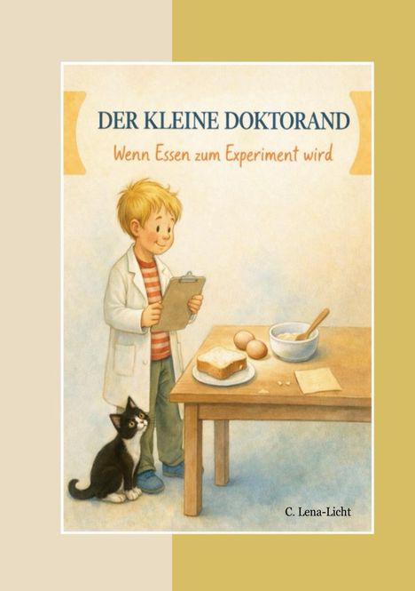 "Der kleine Doktorand. Wenn Essen zum Experiment wird." Kind in Forscherkleidung mit Katze und Tisch voller Zutaten.