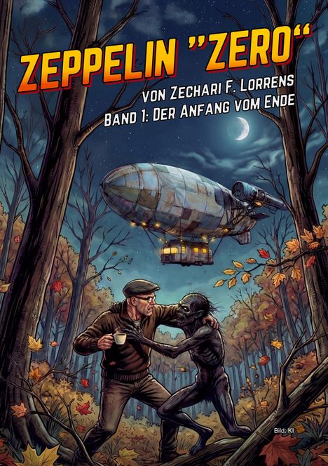"ZEPELIN 'ZERO' von Zechari F. Lorrens, Band 1: Der Anfang vom Ende." Illustration: Mann und Kreatur im Wald, Zeppelin am Himmel.