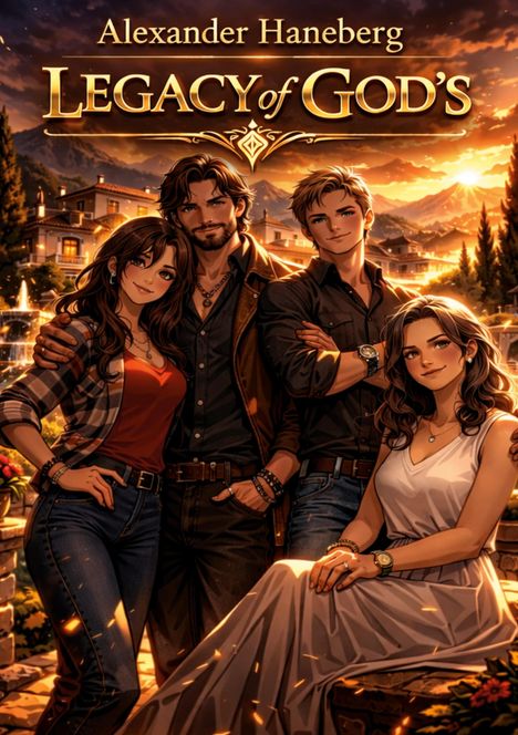 "Alexander Haneberg - Legacy of God's" in goldener Schrift, vier Menschen in entspannter Pose, Abendstimmung in den Bergen.
