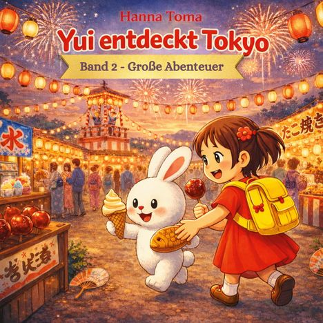 Text: "Hanna Toma, Yui entdeckt Tokyo, Band 2 - Große Abenteuer." Illustration eines Mädchens und eines Hasen auf einem Fest.