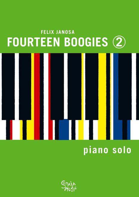 "FELIX JANOSA FOURTEEN BOOGIES 2 piano solo" auf grünem Hintergrund, Klaviertasten in bunten Farben.
