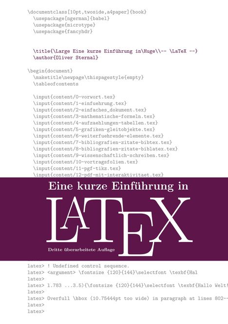 "Eine kurze Einführung in LaTeX" steht groß auf einem lila Banner. Darunter ist viel LaTeX-Code sichtbar.