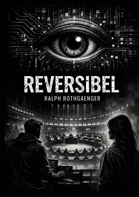 "REVERSIBEL, RALPH ROTHGAENGER" steht geschrieben. Ein riesiges Auge, voller Schaltkreise, überblickt einen Sitzungssaal.