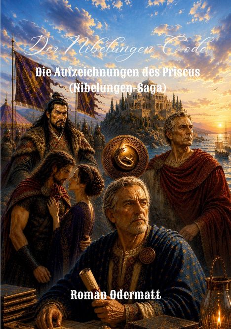 "Der Nibelungen Code", "Die Aufzeichnungen des Priscus (Nibelungen Saga)", "Roman Odermatt". Historische Szene mit Kriegern.