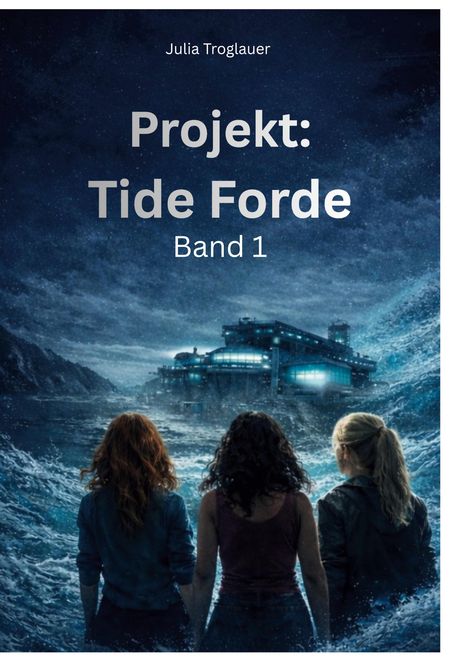 „Julia Troglauer, Projekt: Tide Forde, Band 1“. Drei Personen blicken auf eine stürmische See und ein futuristisches Gebäude.