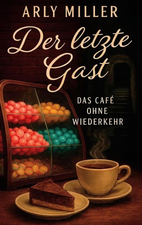 Text: "Arly Miller", "Der letzte Gast", "Das Café ohne Wiederkehr".  
Eine Tasse Kaffee, ein Stück Kuchen, bunte Bonbons in einer Vitrine.