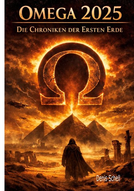 "Omega 2025: Die Chroniken der Ersten Erde." Illustration: Ein Vermummter vor Pyramiden, ein leuchtendes Omega am Himmel.