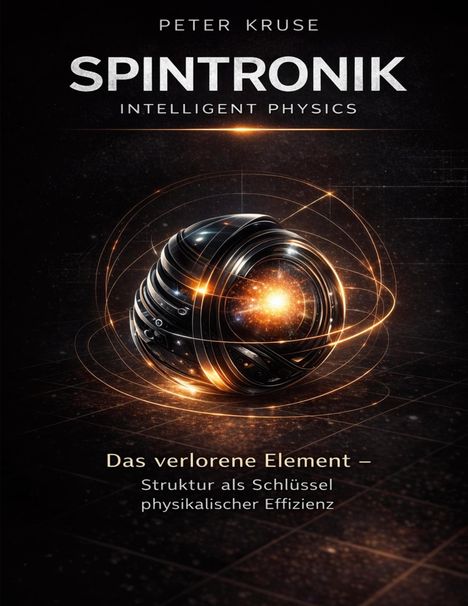 Text: "Peter Kruse. Spintronik. Intelligent Physics. Das verlorene Element – Struktur als Schlüssel physikalischer Effizienz." 

Illustration: Eine leuchtende, futuristische Kugel mit Lichtkreisen.
