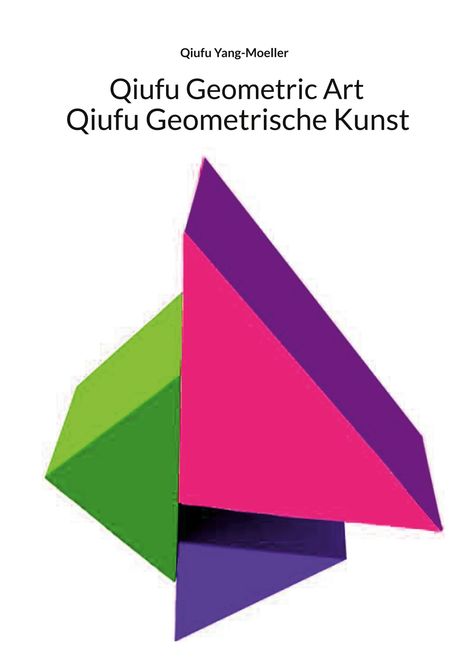 Text: Qiufu Geometric Art, Qiufu Geometrische Kunst. Bunte geometrische Formen in Grün, Pink und Lila.