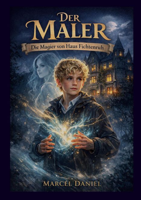 Buchtitel: "Der Maler. Die Magier von Haus Fichtenruh". Ein Junge mit magischem Licht in den Händen, ein Geistermädchen und ein Herrenhaus.