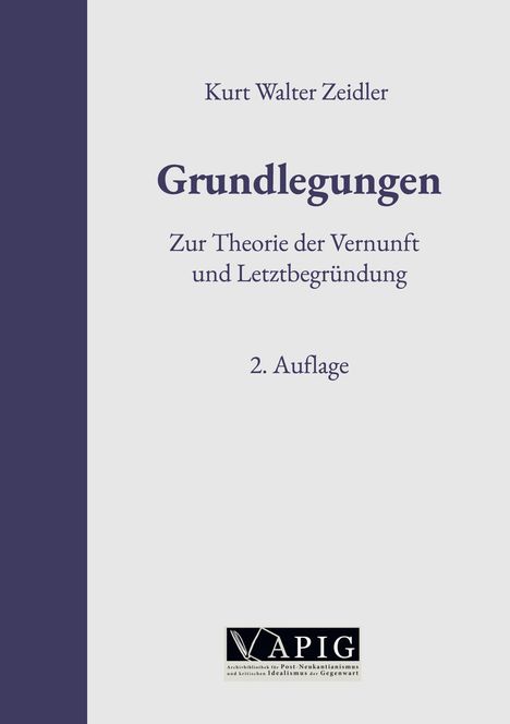 Text: "Kurt Walter Zeidler, Grundlegungen, Zur Theorie der Vernunft und Letztbegründung, 2. Auflage." Unten ein APIG-Logo.