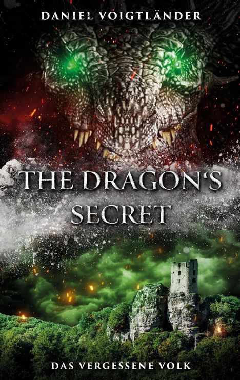 „Daniel Voigtländer“, „The Dragon's Secret“, „Das vergessene Volk“. Oben Drachenkopf, unten grüne Landschaft mit Turm.