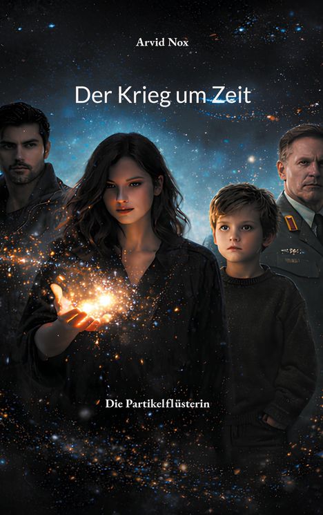 „Arvid Nox. Der Krieg um Zeit. Die Partikelflüsterin.“ Vier Personen: Eine hält leuchtende Partikel, Hintergrund kosmisch.