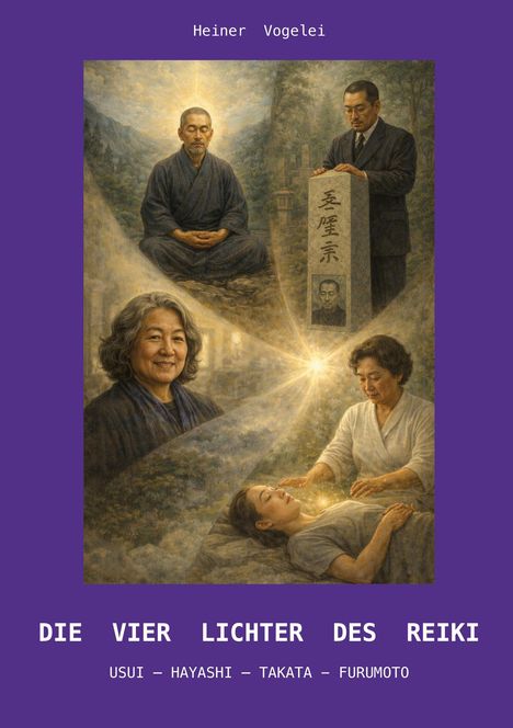 "Heiner Vogelei. DIE VIER LICHTER DES REIKI. USUI – HAYASHI – TAKATA – FURUMOTO. Illustration mit meditierenden und heilenden Personen."