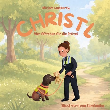"Christl: Vier Pfötchen für die Polizei" von Mirjam Lamberty, illustriert von Sandunika. Frau mit Hund im Wald.