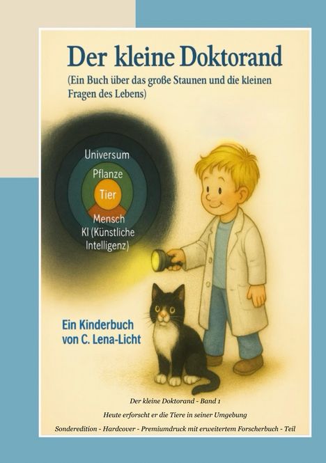 "Der kleine Doktorand". Ein Kind in Laborkittel mit Taschenlampe neben Katze. Blau-braune Ringe: Universum, Pflanze, Tier.