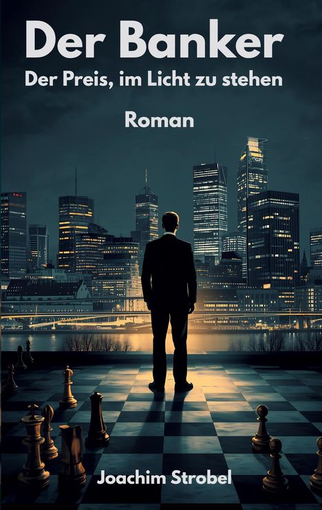 „Der Banker: Der Preis, im Licht zu stehen. Roman. Joachim Strobel.“ Mann betrachtet nächtliche Skyline, Schachbrett im Vordergrund.