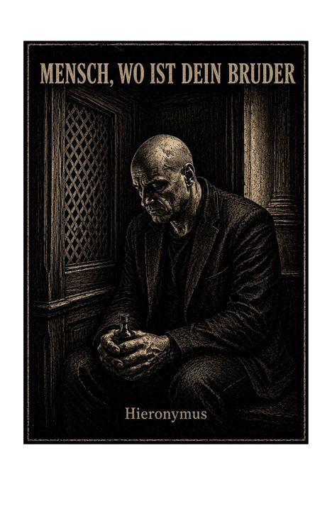 "MENSCH, WO IST DEIN BRUDER" und "Hieronymus". Ein Mann sitzt nachdenklich in einer Holzvertäfelung und hält eine Flasche.