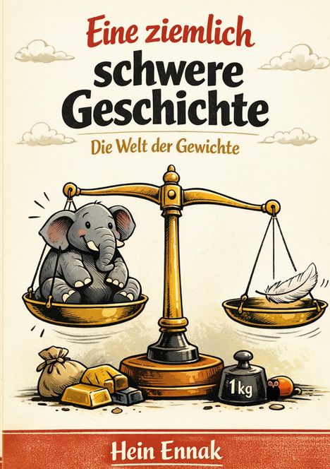 "Eine ziemlich schwere Geschichte: Die Welt der Gewichte" darüber eine Waage mit Elefant und Feder, unten "Hein Ennak".