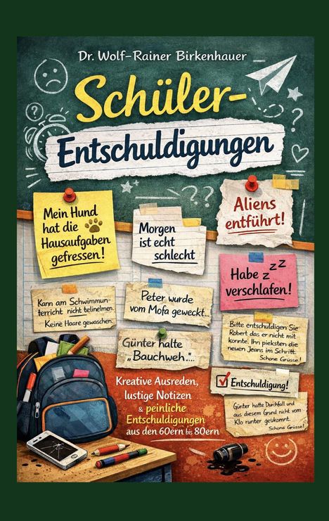 Texte: "Schüler-Entschuldigungen", "Mein Hund hat die Hausaufgaben gefressen!", "Aliens entführt!", kreative Ausreden notiert. Ein Rucksack und Handy sind illustriert.