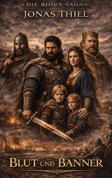Text: "Die Björn-Saga", "Jonas Thiel", "Blut und Banner". 

Illustration von Kriegern, König, Frau und Kindern vor brennender Landschaft.