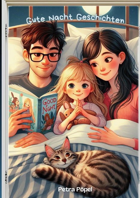 Oben steht „Gute Nacht Geschichten“, unten „Petra Pöpel“. Eine Familie liest im Bett eine Gute-Nacht-Geschichte mit Katze.
