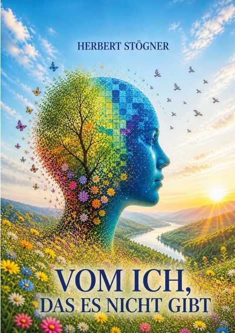 HERBERT STÖGNER, VOM ICH, DAS ES NICHT GIBT. Ein Kopf aus Mosaik und Baum, Schmetterlinge und Vögel, Fluss im Sonnenuntergang.