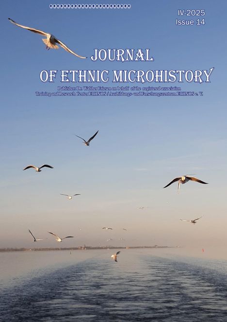 "Journal of Ethnic Microhistory", IV-2025, Issue 14. Möwen fliegen über ruhigem Wasser bei Sonnenuntergang.