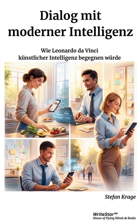 Titel: "Dialog mit moderner Intelligenz". Untertitel: "Wie Leonardo da Vinci künstlicher Intelligenz begegnen würde". Autor: Stefan Krage. Drei Personen in heller Umgebung mit Smartphones und Laptop, digitale Symbole sichtbar.