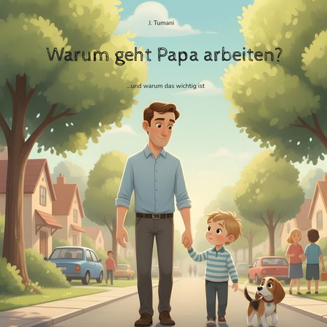 „Warum geht Papa arbeiten? ...und warum das wichtig ist.“ Vater und Sohn spazieren auf einer baumbestandenen Straße.