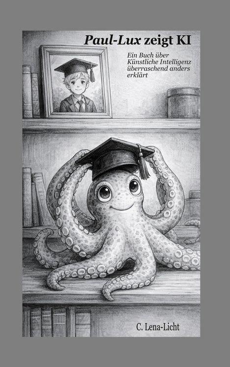 „Paul-Lux zeigt KI“: Ein Buch über Künstliche Intelligenz. Illustration: Ein Oktopus mit Doktorhut vor einem Regal.