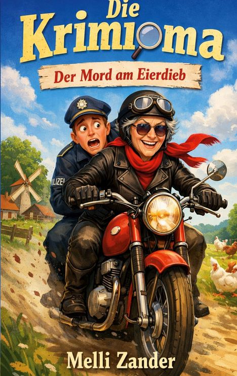 Text: "Die Krimioma: Der Mord am Eierdieb, Melli Zander." Illustration: Ältere Frau und Polizist auf Motorrad, Dorfkulisse.
