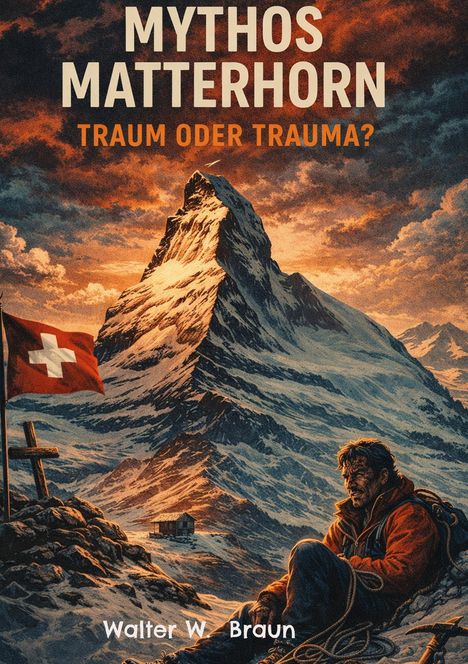 „MYTHOS MATTERHORN: TRAUM ODER TRAUMA?“ Vor einem schneebedeckten Berg sitzt ein erschöpfter Mann. Links weht eine Fahne.