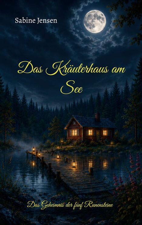 Text: "Sabine Jensen", "Das Kräuterhaus am See", "Das Geheimnis der fünf Runensteine". Gemälde: Haus am See bei Vollmond.