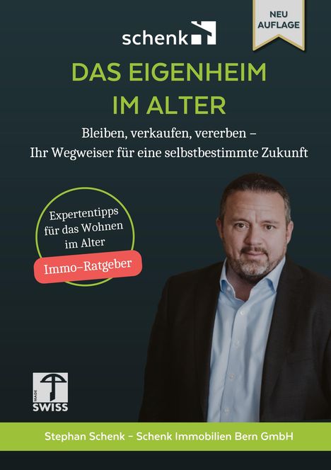 Text: „Neuauflage“, „Das Eigenheim im Alter“, „Bleiben, verkaufen, vererben“, „Expertentipps“, „Immo-Ratgeber“. Mann im Anzug.