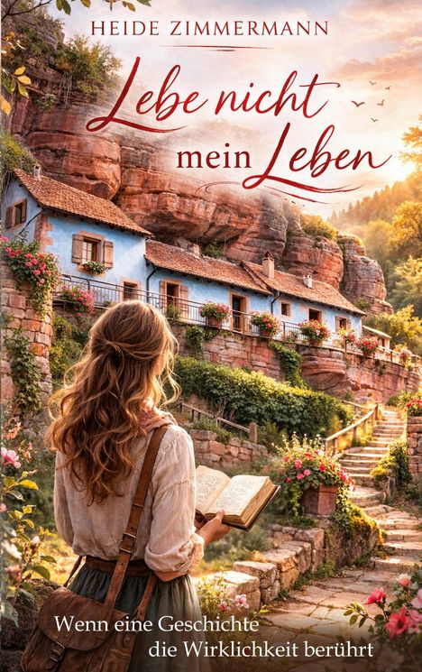 „Lebe nicht mein Leben“ – Ein Gemälde zeigt eine Frau vor einem alten Haus in idyllischer Natur mit Blumen und Felsen.