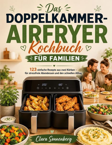 "Das Doppelkammmer-Airfryer Kochbuch für Familien". Zwei Körbe mit Pommes und Hähnchen, fröhliche Familie am Tisch.