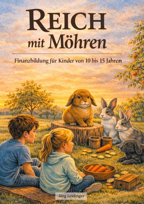 „Reich mit Möhren. Finanzbildung für Kinder von 10 bis 15 Jahren.“ Eine Illustration mit Kindern, Hasen und Möhren.